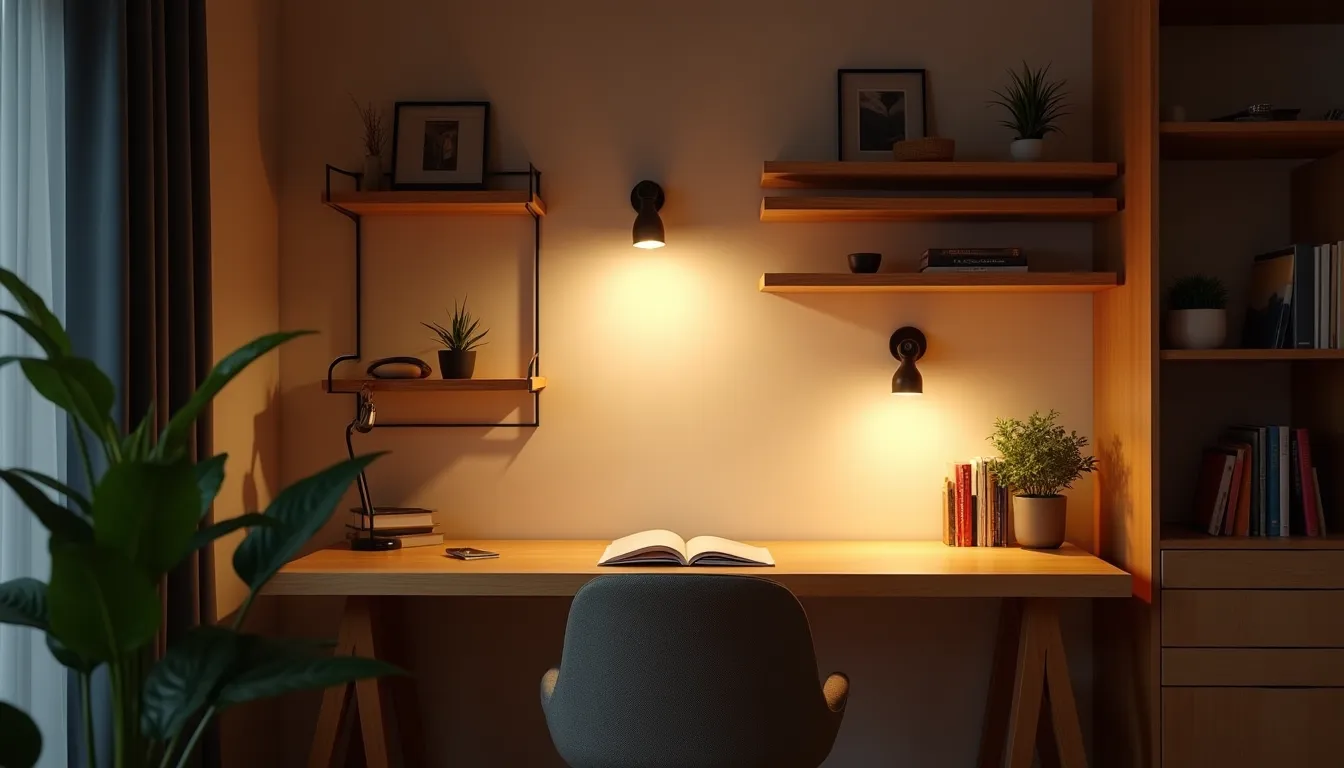Home office aconchegante com spots direcionáveis sobre a bancada de madeira