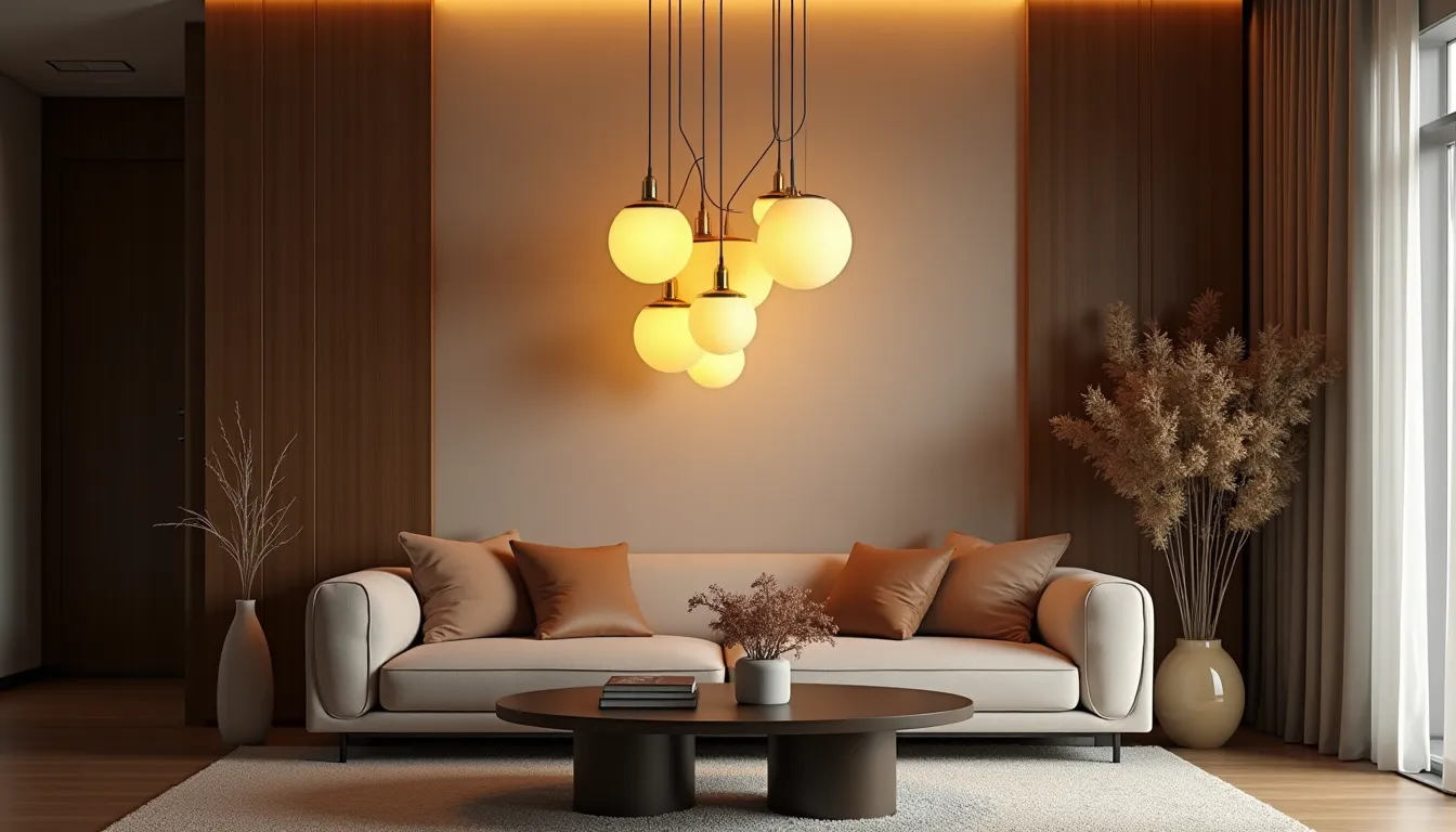 Sala de estar contemporânea com lustre pendente moderno em luz quente